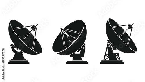 Three black silhouette radio telescopes pointing upwards communication technology illustration