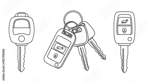 Line art illustration of a set of car keys and key fobs