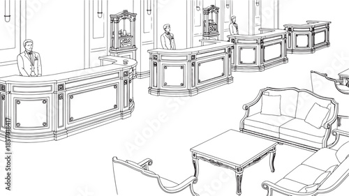 Line drawing of a reception area with ornate counters and seating illustration desk