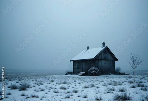 Eerie, dark wooden cabin rests in a vast, snow-covered field under a cold blue sky. Perfect for themes of isolation, escape, or dramatic seasonal storytelling.