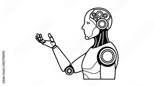 A robotic human silhouette offering an open hand displaying artificial intelligence