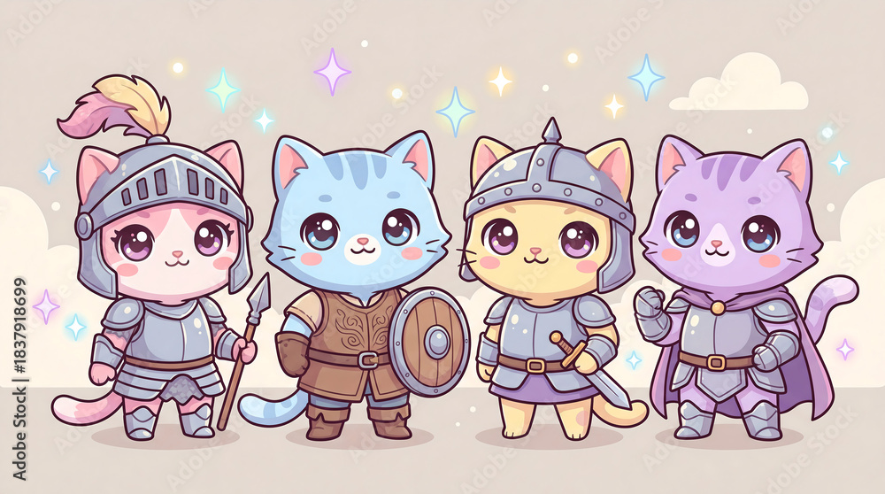 Naklejka premium Brave Kawaii Warrior Cats Ready for Battle