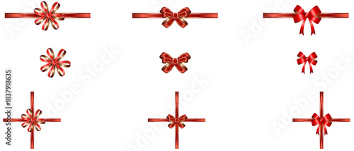 Red realistic bow. Ribbon collection. Holiday gift decoration, Valentine present, Christmas present tape knot, shiny sale ribbons set. Vector illustration. Christmas tie for gifts on white background