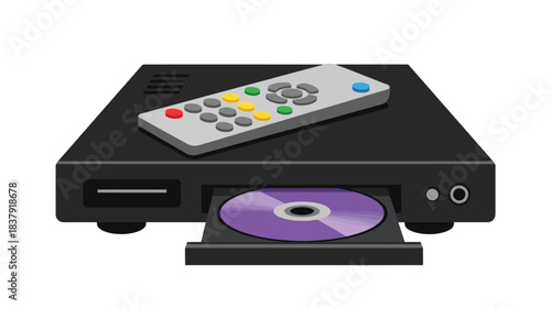 A black dvd player with a remote control and a purple disc