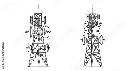 Detailed line art illustration of two communication towers against a white background