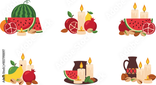 Assortment of fruits nuts and lit candles in flat design style