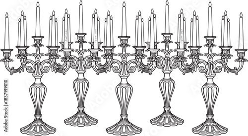Ornate black and white line art illustration of multiple candelabras with candles candlestick decorative