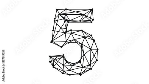 Geometric design of the number five constructed from interconnected lines and nodes