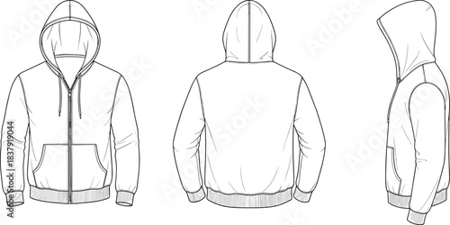 Black and white line drawing of a hooded zip-up sweatshirt from three angles hoodie