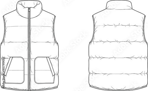 Black and white line drawing of a puffer vest front and back views sleeveless jacket