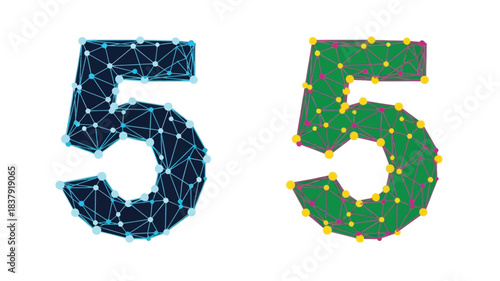 Two stylized number five designs with geometric point and line patterns