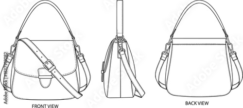 Black and white line drawing of a leather shoulder bag from front side and back views