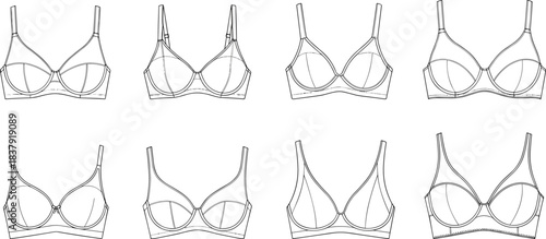 Black and white line drawing of eight different bra designs lingerie undergarment
