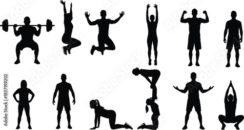 Black silhouettes of people performing various fitness exercises and poses workout