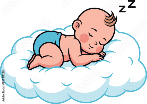 Cartoon baby sleeping peacefully on a fluffy blue cloud with Zzz symbols infant
