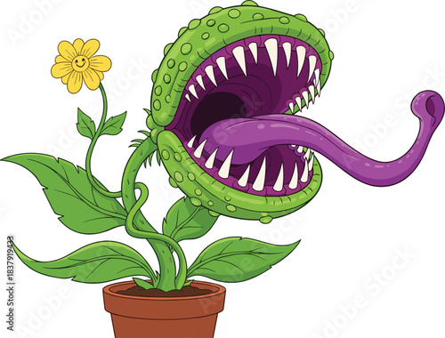 Cartoon Venus Flytrap with Happy Flower and Purple Tongue plant