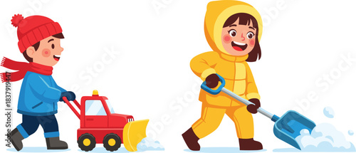 Children in winter clothing shoveling and plowing snow with a toy snowplow vector
