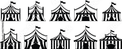 Collection of black and white circus tents with flags and pennants big top carnival tent