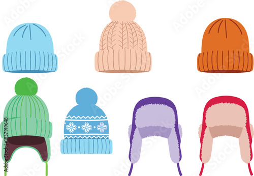 Collection of six winter hats in various colors and styles beanies trapper hats
