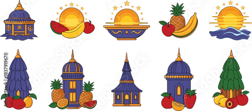 Collection of stylized cartoon buildings and fruit arrangements with sun and water elements