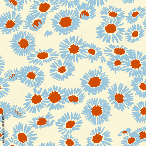 Seamless floral vector pattern with scattered chamomile like blooms in soft blue and warm orange centers on a light background, creating a bright, cheerful and playful botanical design