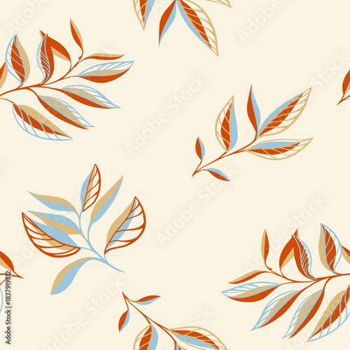 Seamless vector pattern featuring elegant stylized leaves in warm terracotta and soft blue tones on a light background, creating a refined botanical design for textiles, decor, and packaging