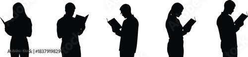 Five black silhouettes of people reading books against a white background vector