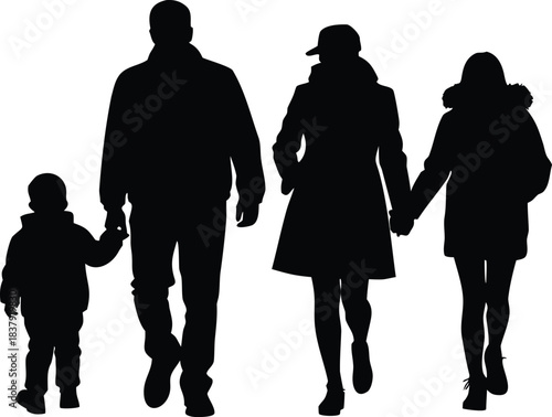 family bond walking together winter silhouette vector art