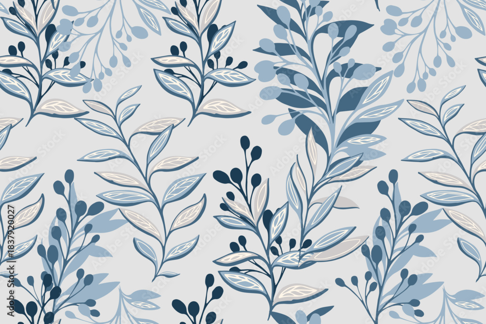 Fototapeta premium Elegant seamless vector pattern with stylized leafy branches and delicate berries in soft blue tones on a light background. Ideal for fabric, stationery, packaging, and modern decor