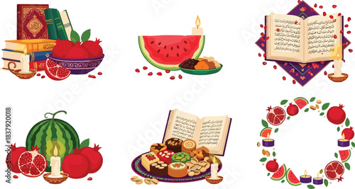 Islamic books pomegranates watermelon and sweets with candles Quran religious text