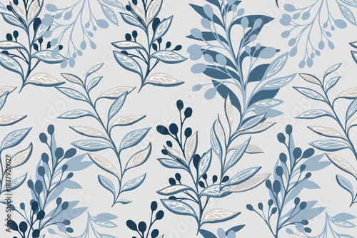 Elegant seamless vector pattern with stylized leafy branches and delicate berries in soft blue tones on a light background. Ideal for fabric, stationery, packaging, and modern decor