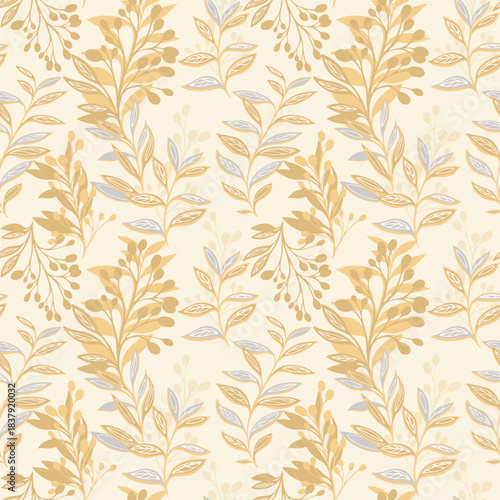 Elegant botanical vector pattern featuring stylized leafy branches and soft ornamental foliage in warm beige and muted tones, creating a delicate seamless natural background