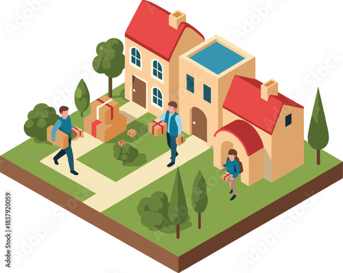 Isometric illustration of people delivering packages to houses with red roofs and green trees