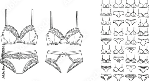 Line art fashion sketches of lace trim bras and matching panties lingerie underwear