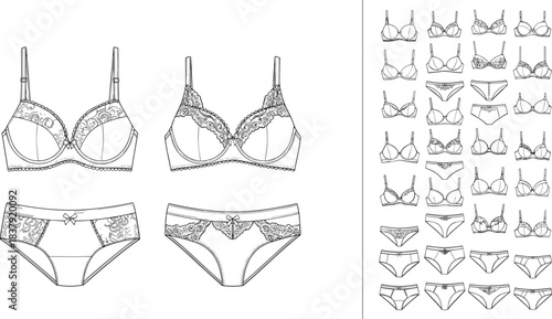Line art drawings of lace trimmed bras and matching panties in various styles lingerie