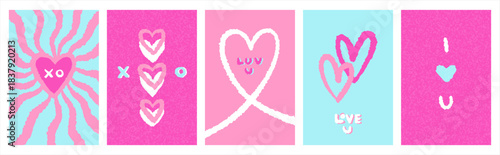 Valentine's day trendy greeting cards set. Brush hand drawn uneven trembling lines, hearts. XOXO, I love you handlettering. Bright funky hippie groovy illustrations, rectangle templates collection. 