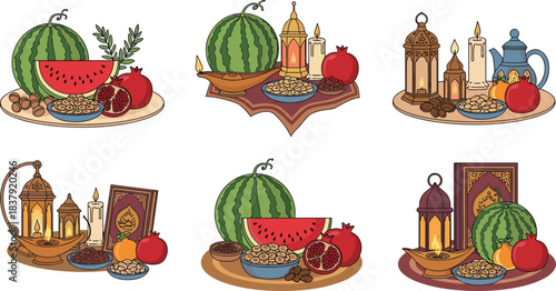 Six arrangements of fruit nuts candles and lanterns with books