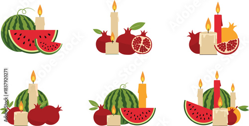 Six arrangements of pomegranates and watermelons with lit candles fruit food