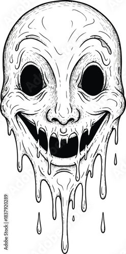 Creepy melting face with a sinister smile and hollow eyes a black and white horror illustration.