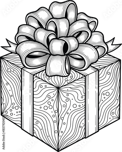 Detailed black and white line art of a gift box with an ornate multilooped ribbon bow.