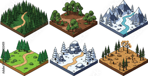 Six isometric dioramas depicting diverse natural landscapes and seasons nature forest 1