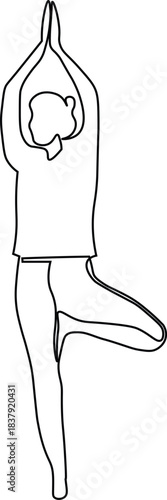 Continuous line art or one line drawing of a woman performing a yoga or tree pose. Minimalist line drawing of a woman doing exercise in Vrikshasana pose. vector illustration