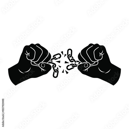 Broken chain being pulled apart by human hands