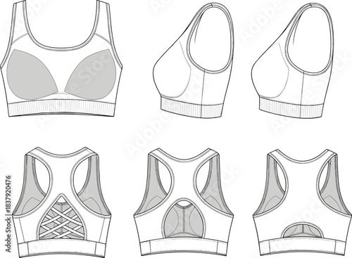 Technical drawing of a white sports bra with grey inserts and crisscross back detail
