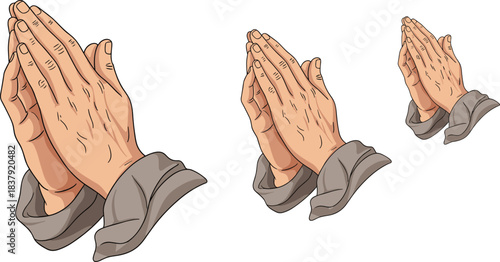 Three cartoon hands clasped together in prayer in varying sizes praying hands clasped hands