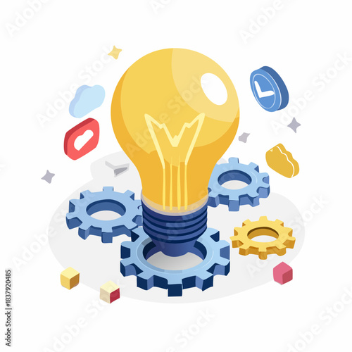 Icône isométrique de travail intelligent et d’idée lumineuse