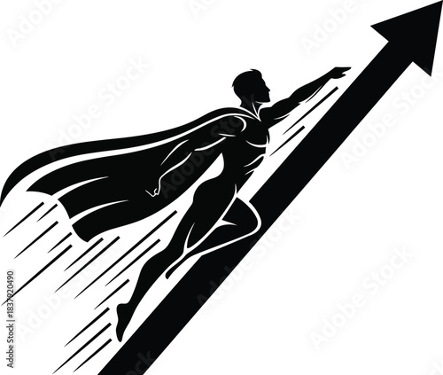 Dynamic black silhouette of a caped superhero flying upwards along a bold growth arrow.