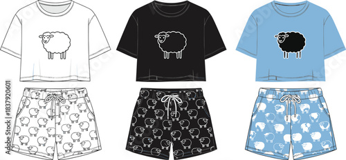 Three pajama sets with sheep graphic designs and patterns t-shirt shorts