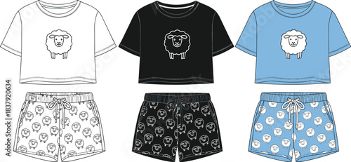 Three pairs of cartoon sheep print pajamas shorts and matching crop tops sleepwear