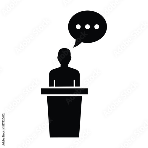 Speaker at a podium with a speech bubble icon